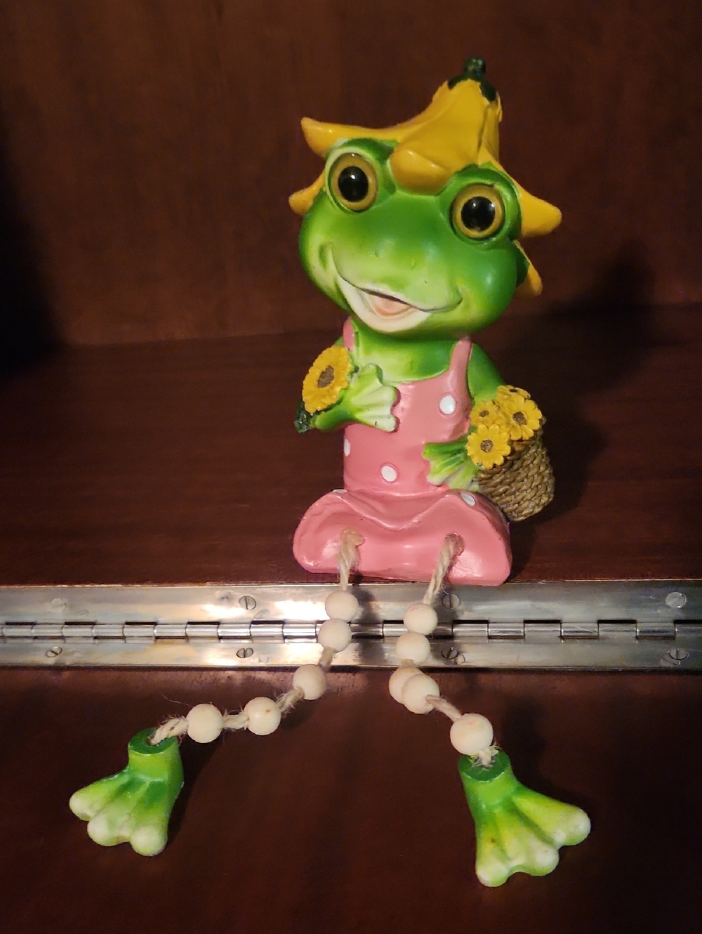 $5 Add On Cute Green Frog Figurine in Pink Dress with Sunflowers